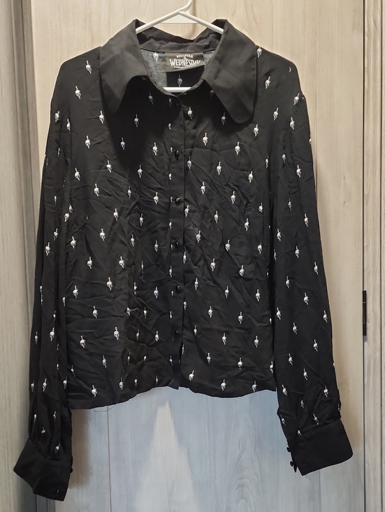 Killstar Tops - Killstar x Wednesday Black Skull Print Button-Up Blouse | Goth Alternative - 3xl